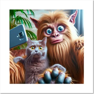 Surprised Scared Cat Selfie Sasquatch Bigfood Cute Funny Posters and Art